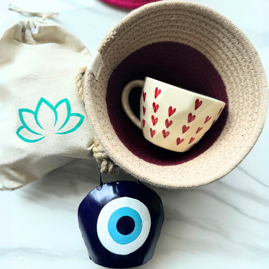Heart Gift Hamper Combo - 1 Tokri Basket, 1 Heart Coffee Mug, 1 Evil Eye Cow Bell