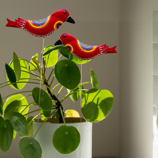 Myna(Pack of 2) Handcrafted Metal Bird Garden Stick /Stake For Garden Decor- Red