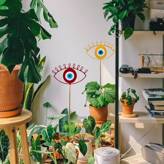 Decorative Evil Eye (pack of 2) Metal Stick/Garden Stake for Garden Decor - Yellow & Red