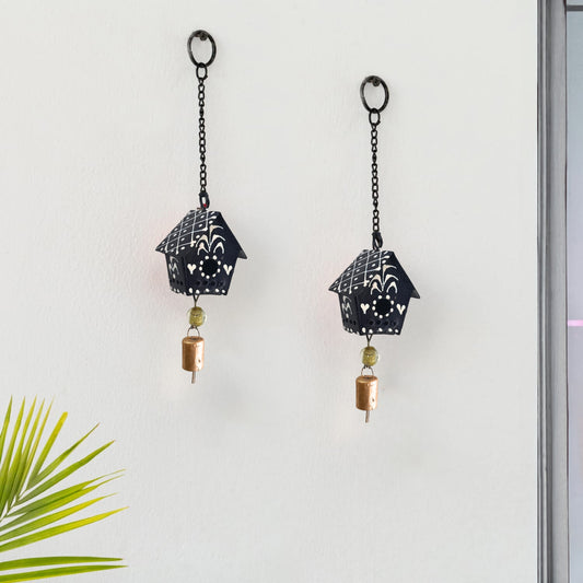 Little Hut (Set Of -2 )  Hand Painted Hanging Ornaments  For Home Decor, Wind Chimes- Blue