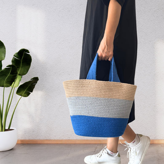 Colorblock Handwoven Cotton Rope  Tote Bag โ Blue, Grey & Beige