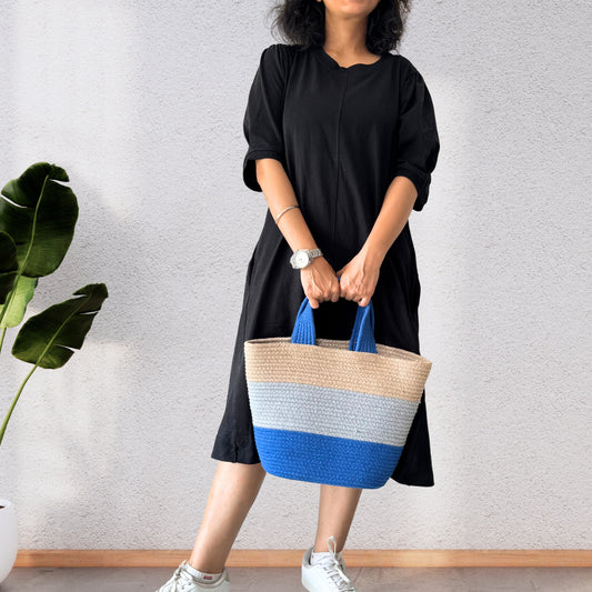 Colorblock Handwoven Cotton Rope  Tote Bag โ Blue, Grey & Beige