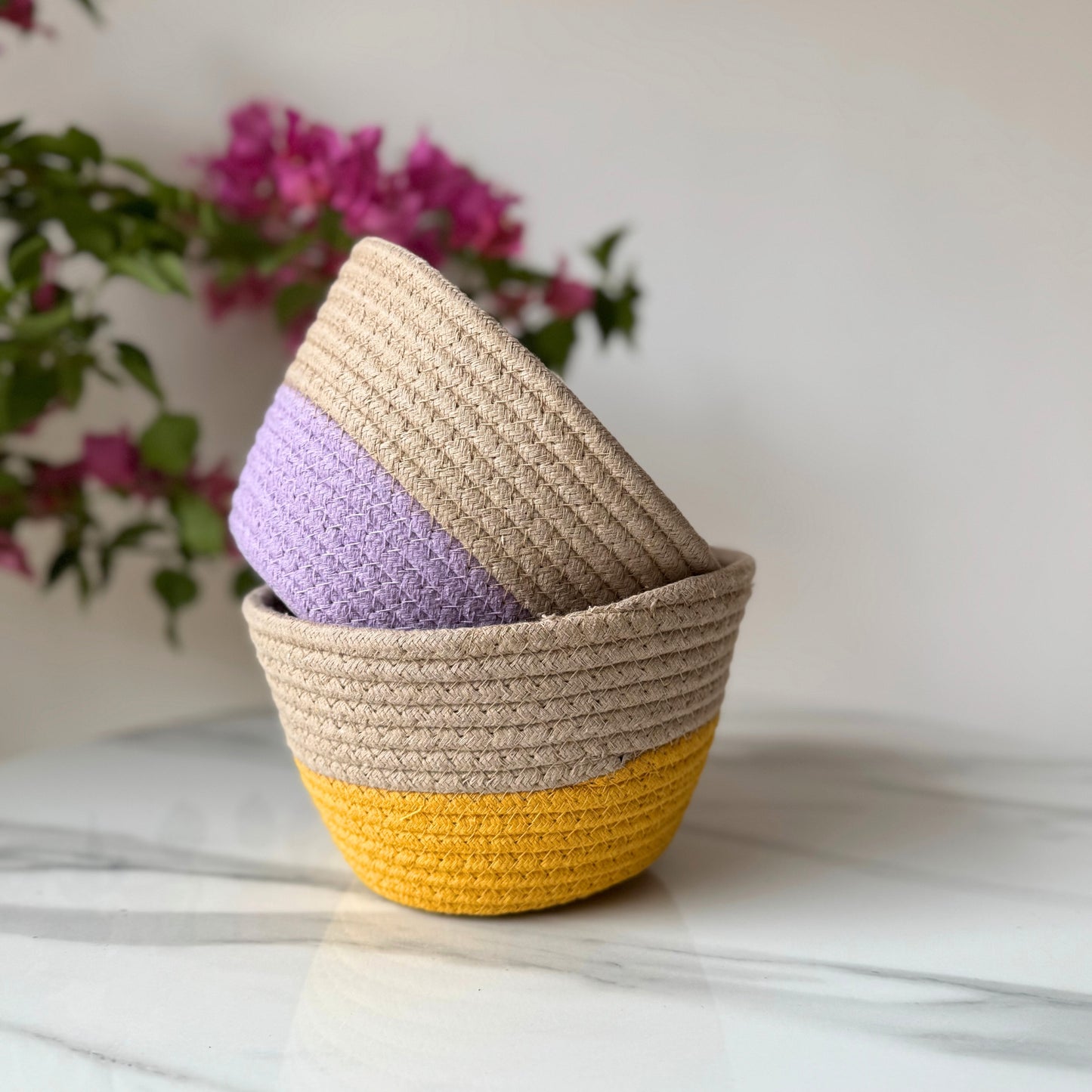 Bloom & Glow Cotton Tokri Set( Yellow & Lavender)| Set Of 2 Organiser