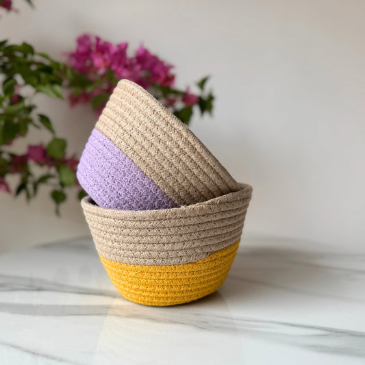 Bloom & Glow Cotton Tokri Set( Yellow & Lavender)| Set Of 2 Organiser