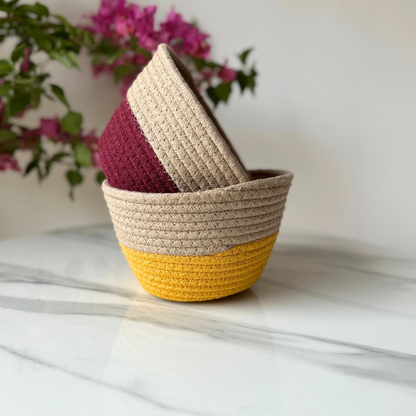 Bloom & Colour Pop Cotton Tokri Set (Yellow & Maroon) | Set Of 2 Organiser
