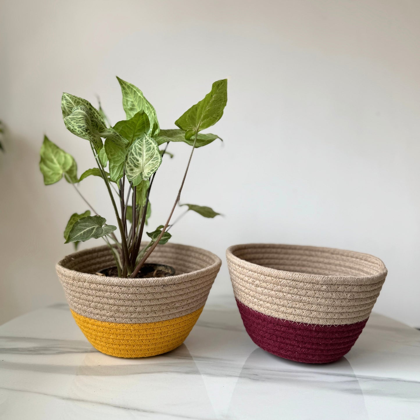Bloom & Colour Pop Cotton Tokri Set (Yellow & Maroon) | Set Of 2 Organiser