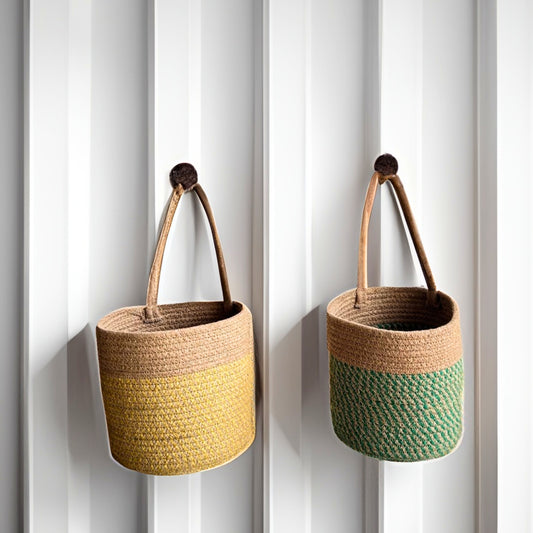 Wall Hanging Storage Basket- Set of 2 - Yellow & Olive (Combo) - jasmeyhomes
