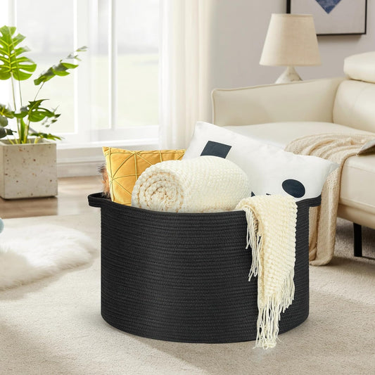 Modern Spacious Cotton Rope Basket - Black - jasmeyhomes