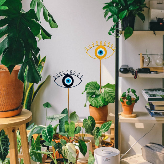 Decorative Evil Eye (pack of 2) Metal Stick/Garden Stake for Garden Decor - Blue & Yellow