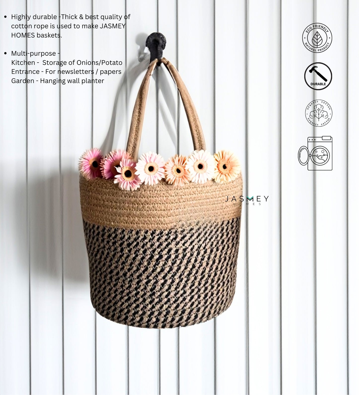 Wall Hanging Storage Basket- Black & Beige - jasmeyhomes