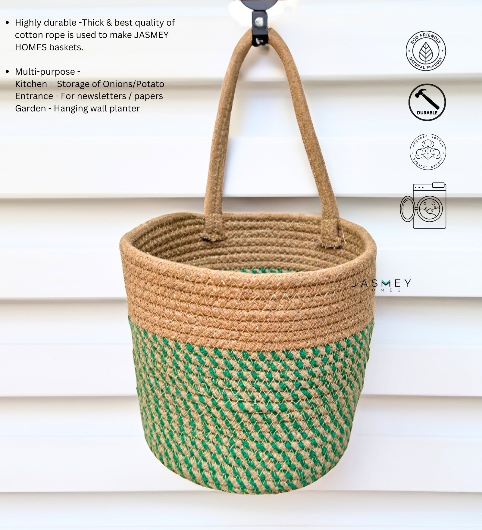 Wall Hanging Storage Basket- Olive & Beige - jasmeyhomes