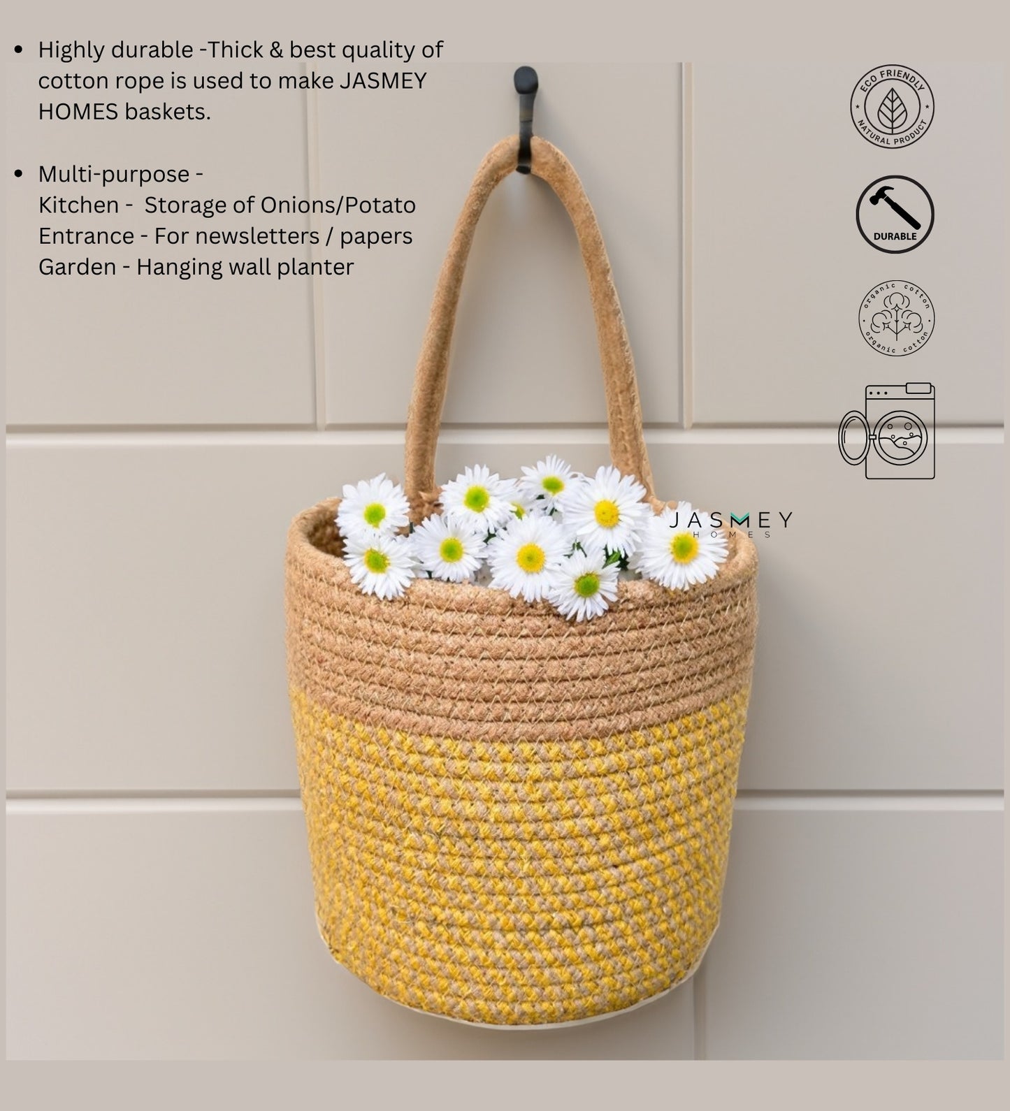Wall Hanging Storage Basket - Yellow & Beige - jasmeyhomes