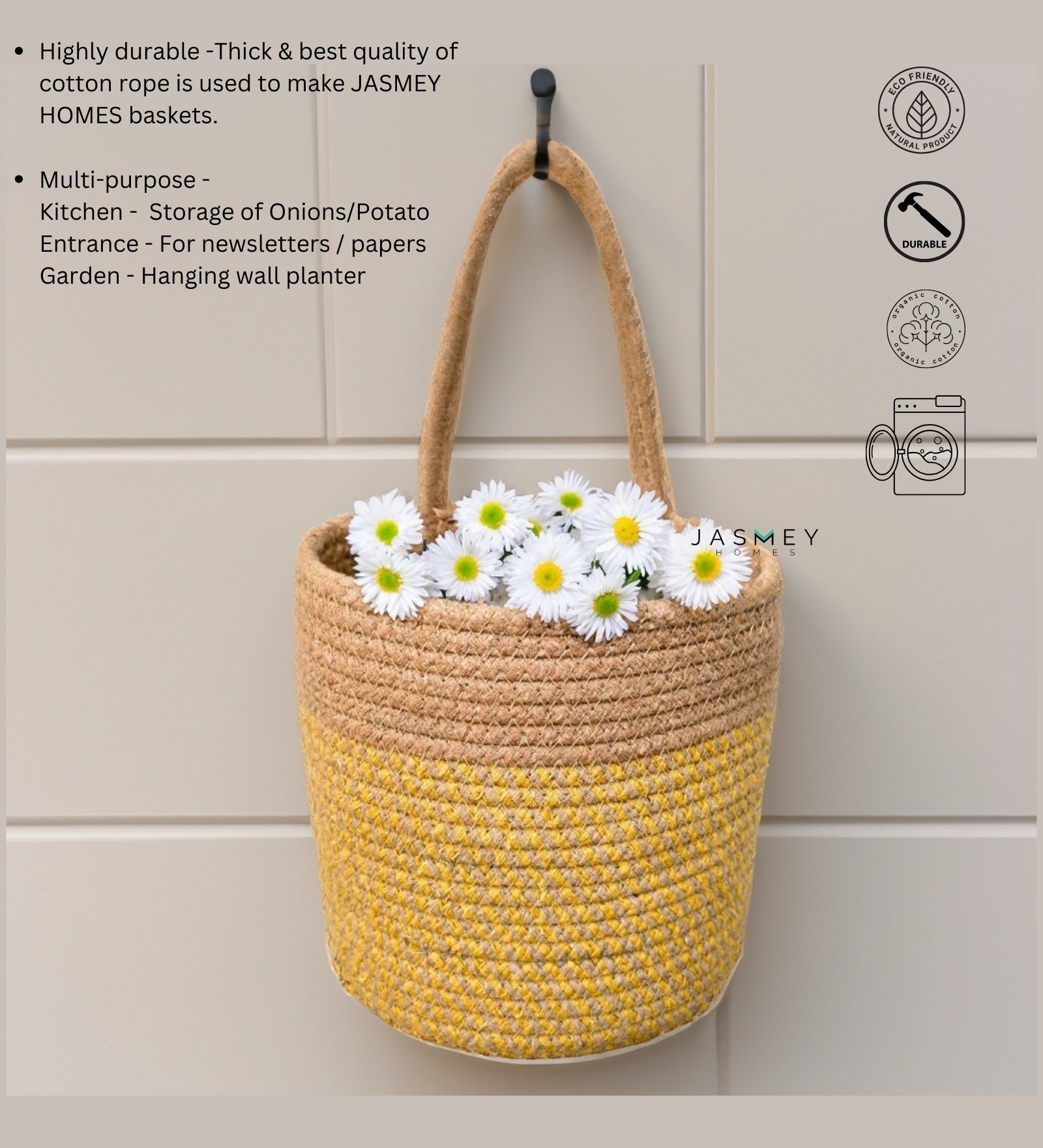 Wall Hanging Storage Basket - Yellow & Beige - jasmeyhomes