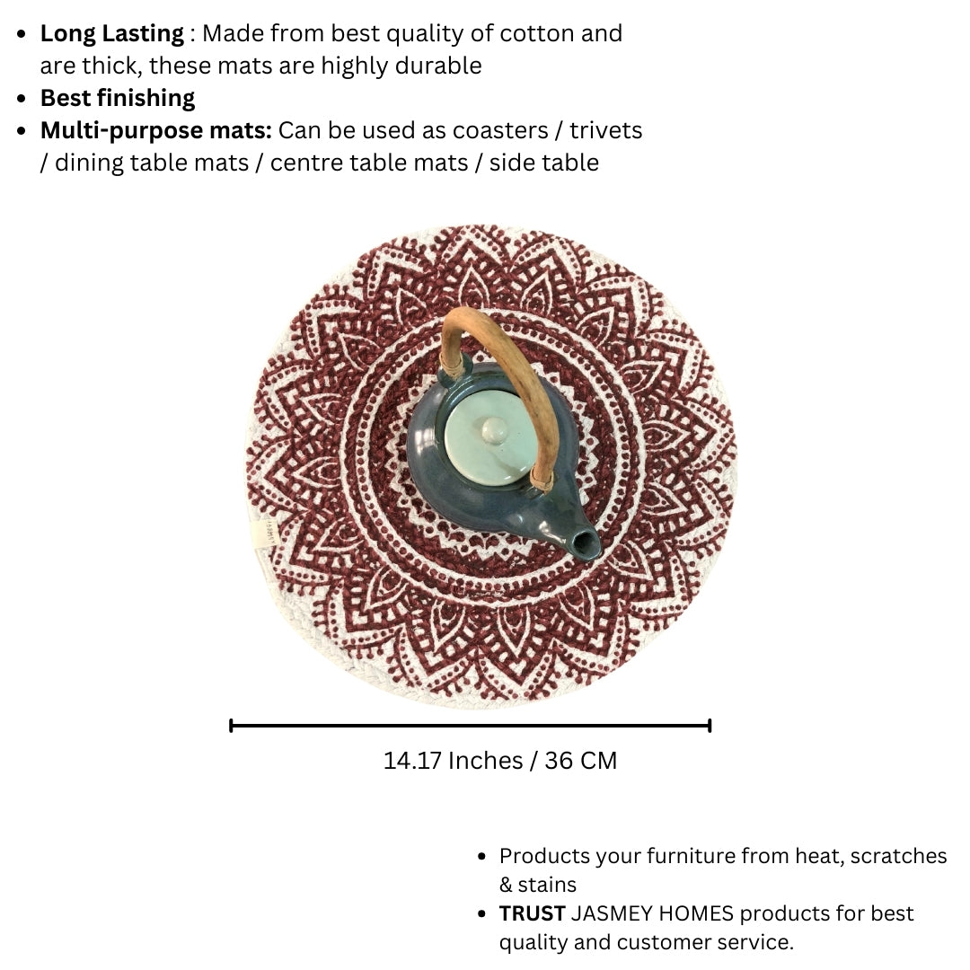 JASMEY HOMES Two-Sided Cotton Tablemats/Placemats Heat Resistant Dining Table Place Mats for Kitchen Coffee Table Wedding Party (14.12 inches / 36 cm Round) Maroon, Set of 2 - jasmeyhomes