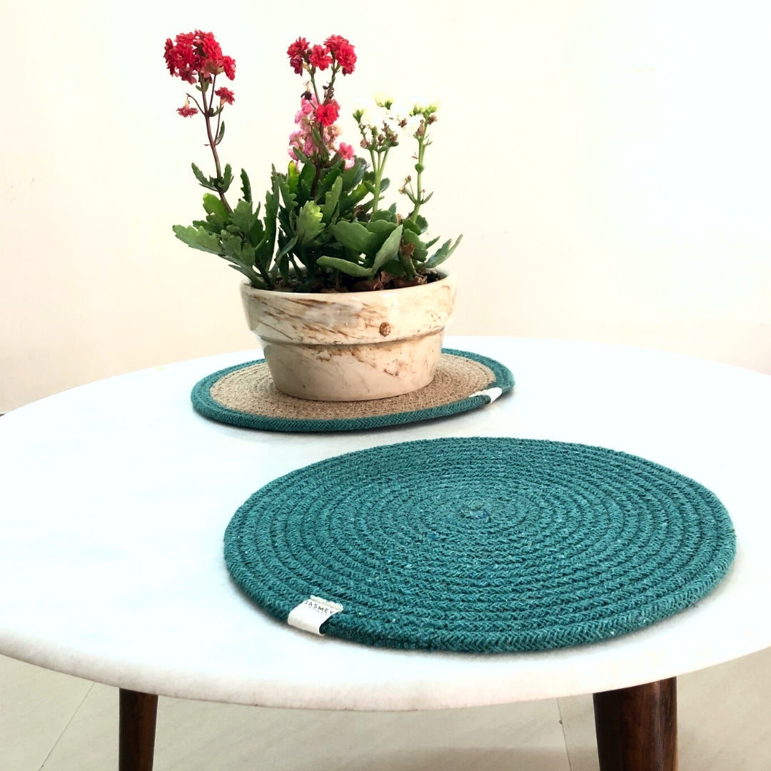 JASMEY HOMES Two-Sided Cotton Tablemats/Placemats Heat Resistant Dining Table Place Mats for Kitchen Coffee Table Wedding Party (12 inches / 30 cm cm Round) Teal, Set of 2 - jasmeyhomes