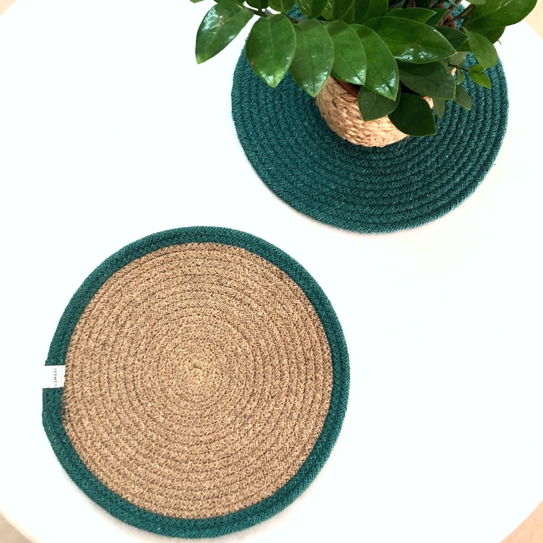 JASMEY HOMES Two-Sided Cotton Tablemats/Placemats Heat Resistant Dining Table Place Mats for Kitchen Coffee Table Wedding Party (12 inches / 30 cm cm Round) Teal, Set of 2 - jasmeyhomes