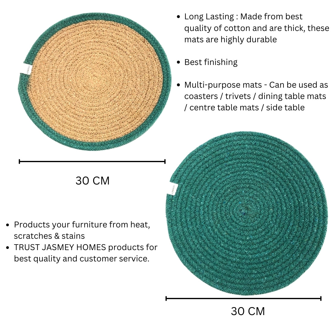 JASMEY HOMES Two-Sided Cotton Tablemats/Placemats Heat Resistant Dining Table Place Mats for Kitchen Coffee Table Wedding Party (12 inches / 30 cm cm Round) Teal, Set of 2 - jasmeyhomes