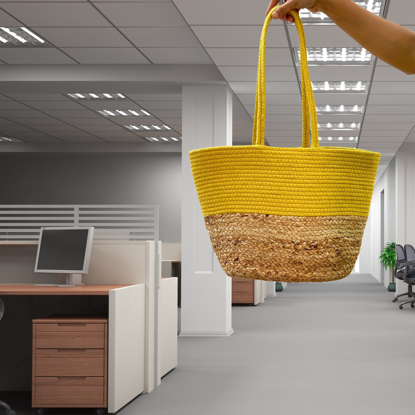 Mustard Jute and Cotton Handbag