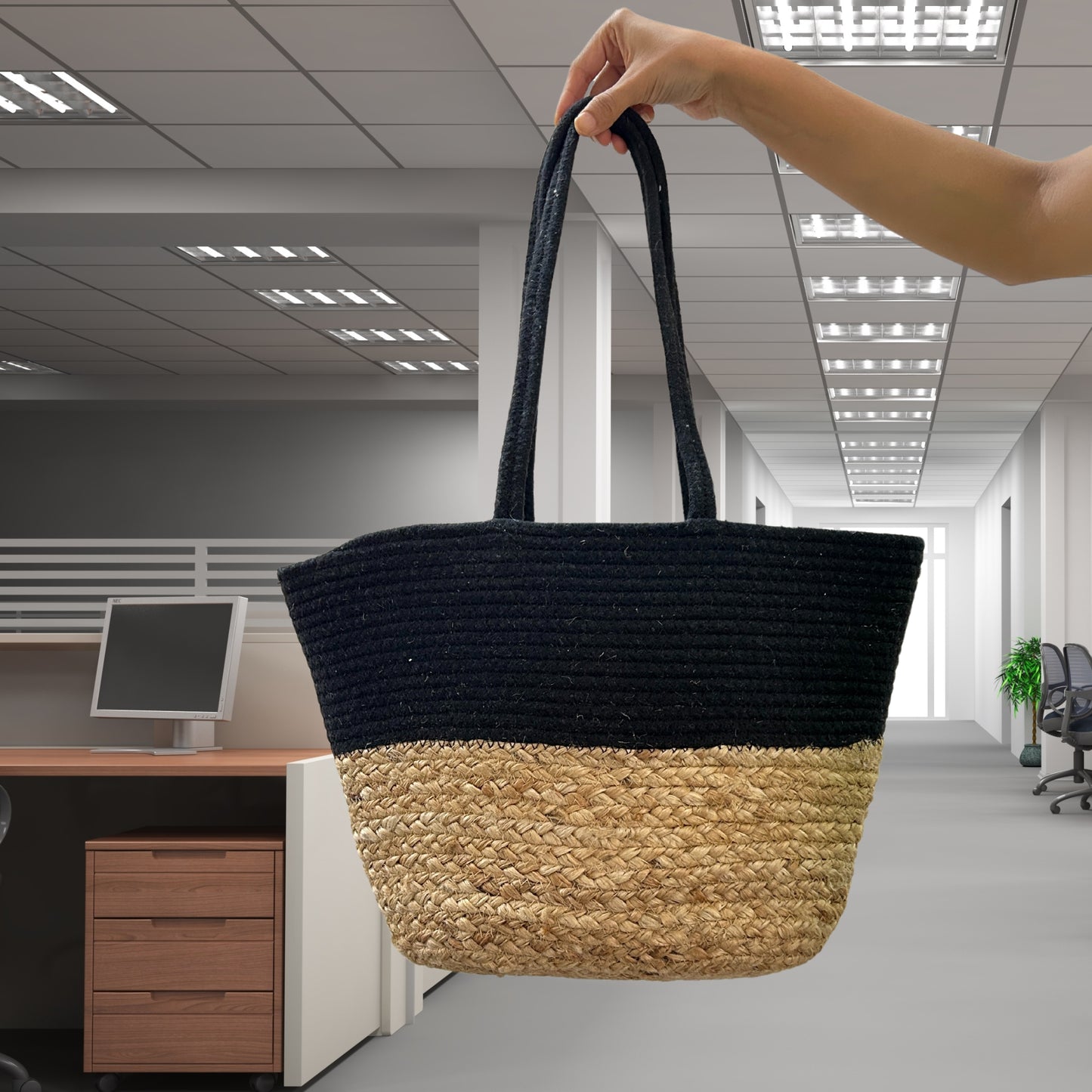 Black Jute and Cotton Handbag