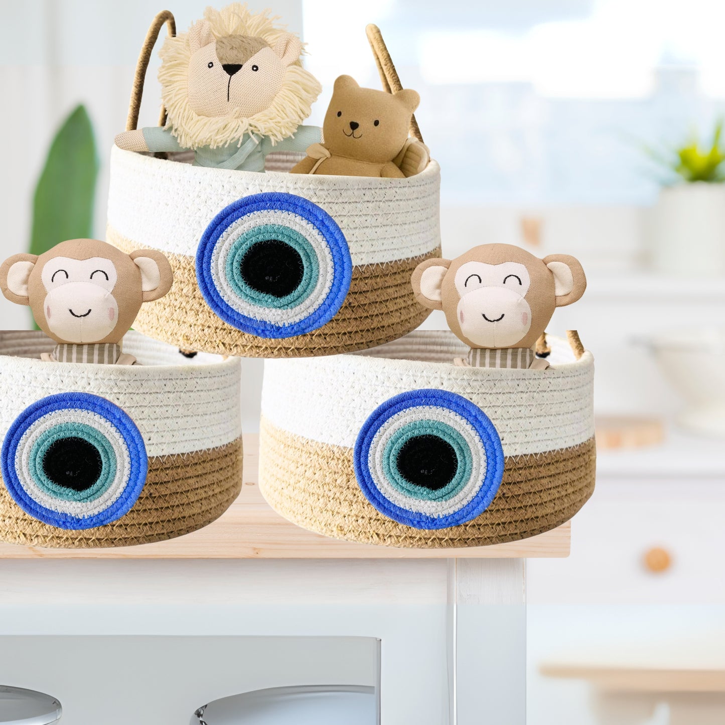 Evil Eye Cotton Rope Basket – Reusable & Sustainable Return Favor Basket - Blue