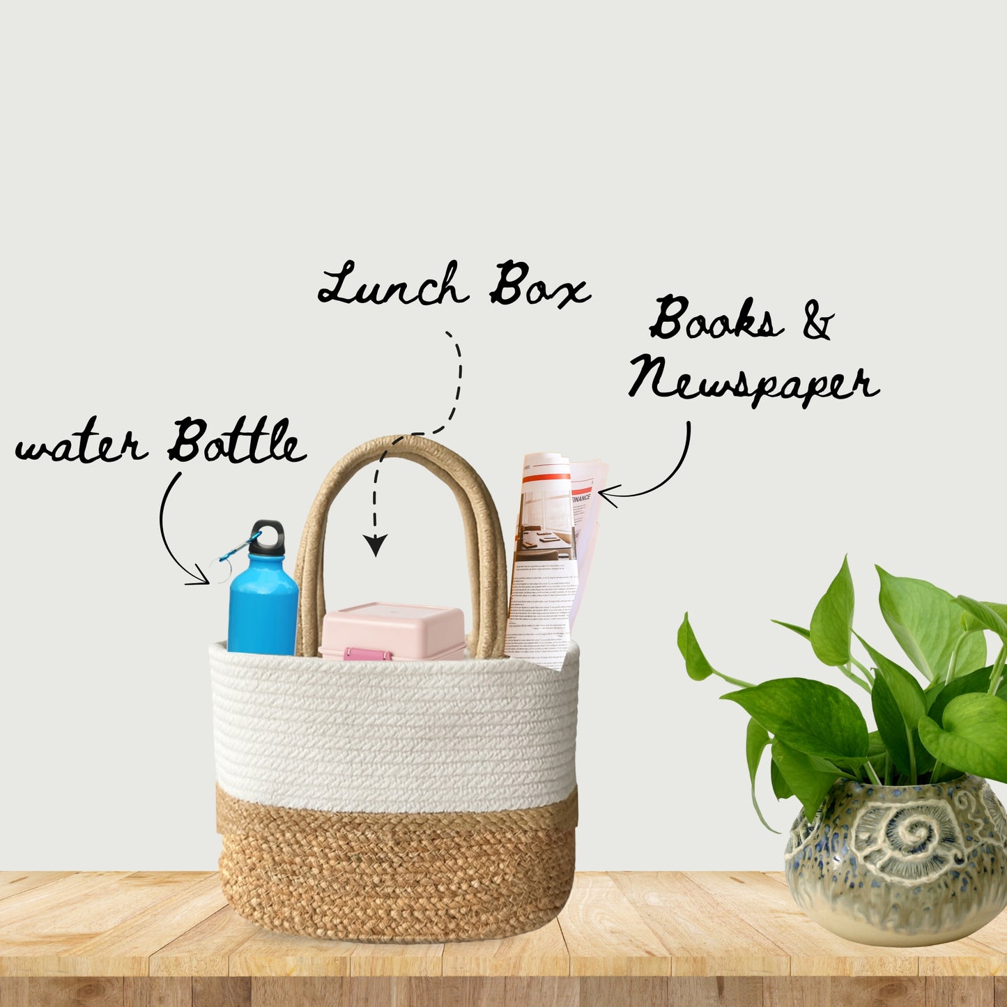 Handwoven Jute Handbag | Lunch Bag- White