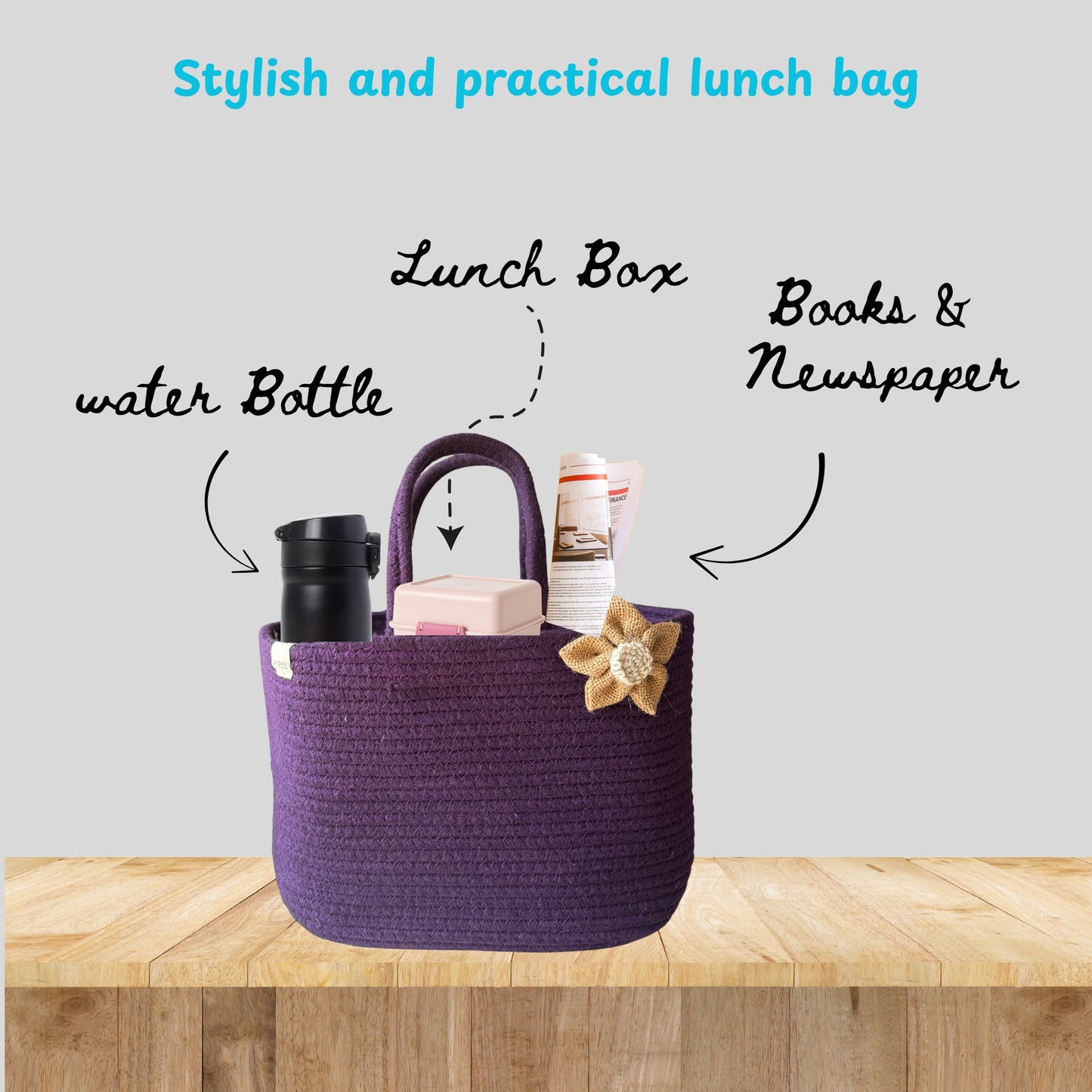 Handwoven Jute & cotton  Handbag | Lunch Bag- Purple
