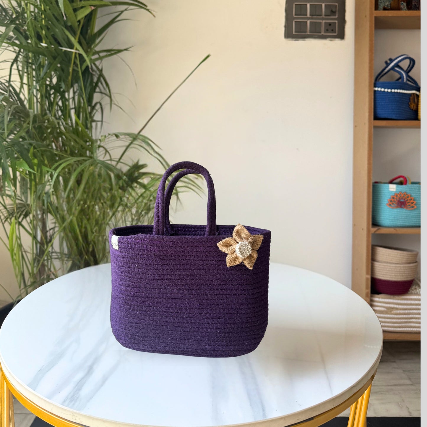 Handwoven Jute & cotton  Handbag | Lunch Bag- Purple