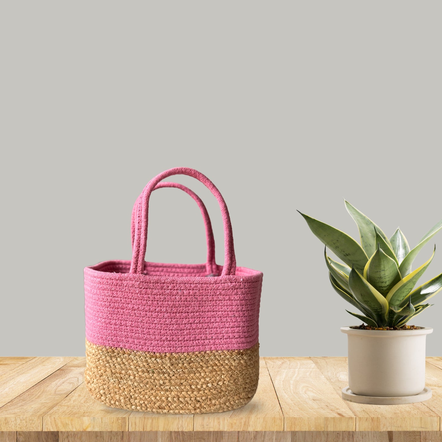Handwoven Jute Handbag | Pink Lunch Bag