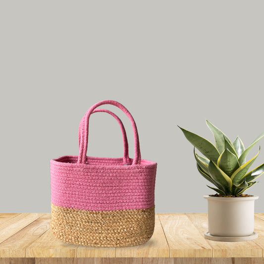 Handwoven Jute Handbag | Pink Lunch Bag