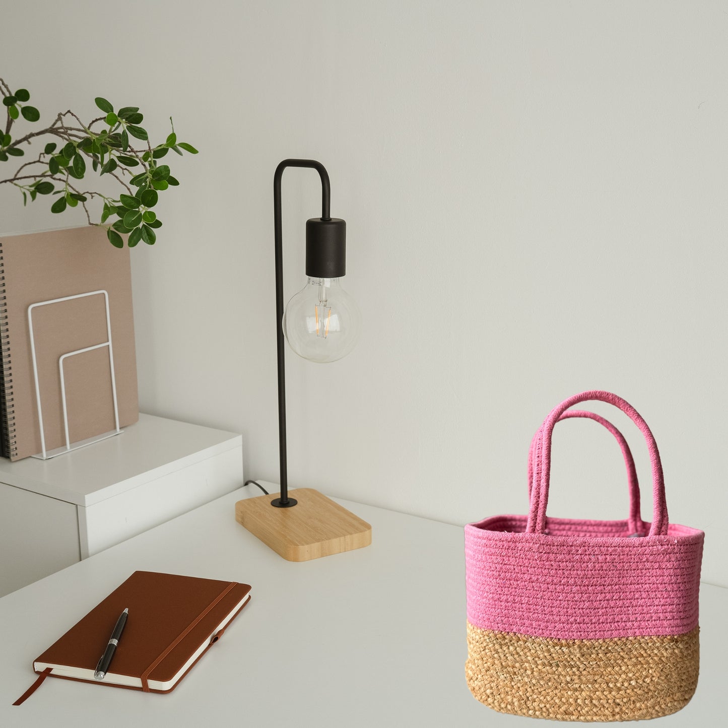 Handwoven Jute Handbag | Pink Lunch Bag