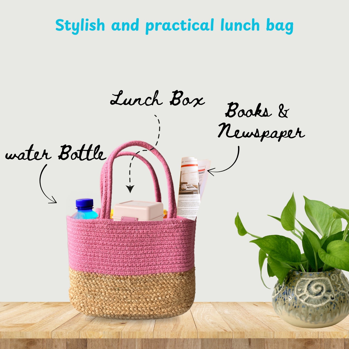 Handwoven Jute Handbag | Pink Lunch Bag