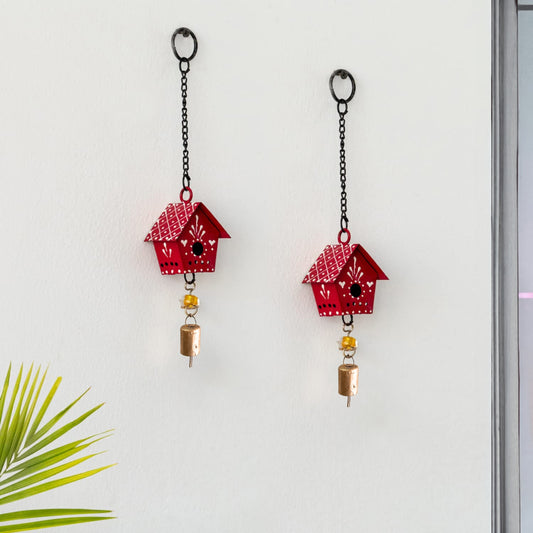 Little Hut (Set Of -2 )  Hand Painted Hanging Ornaments  For Home Decor, Wind Chimes- Red
