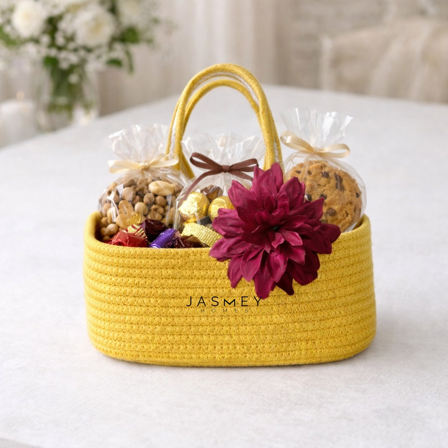 Yellow Boho Gift Hamper Basket with Flower