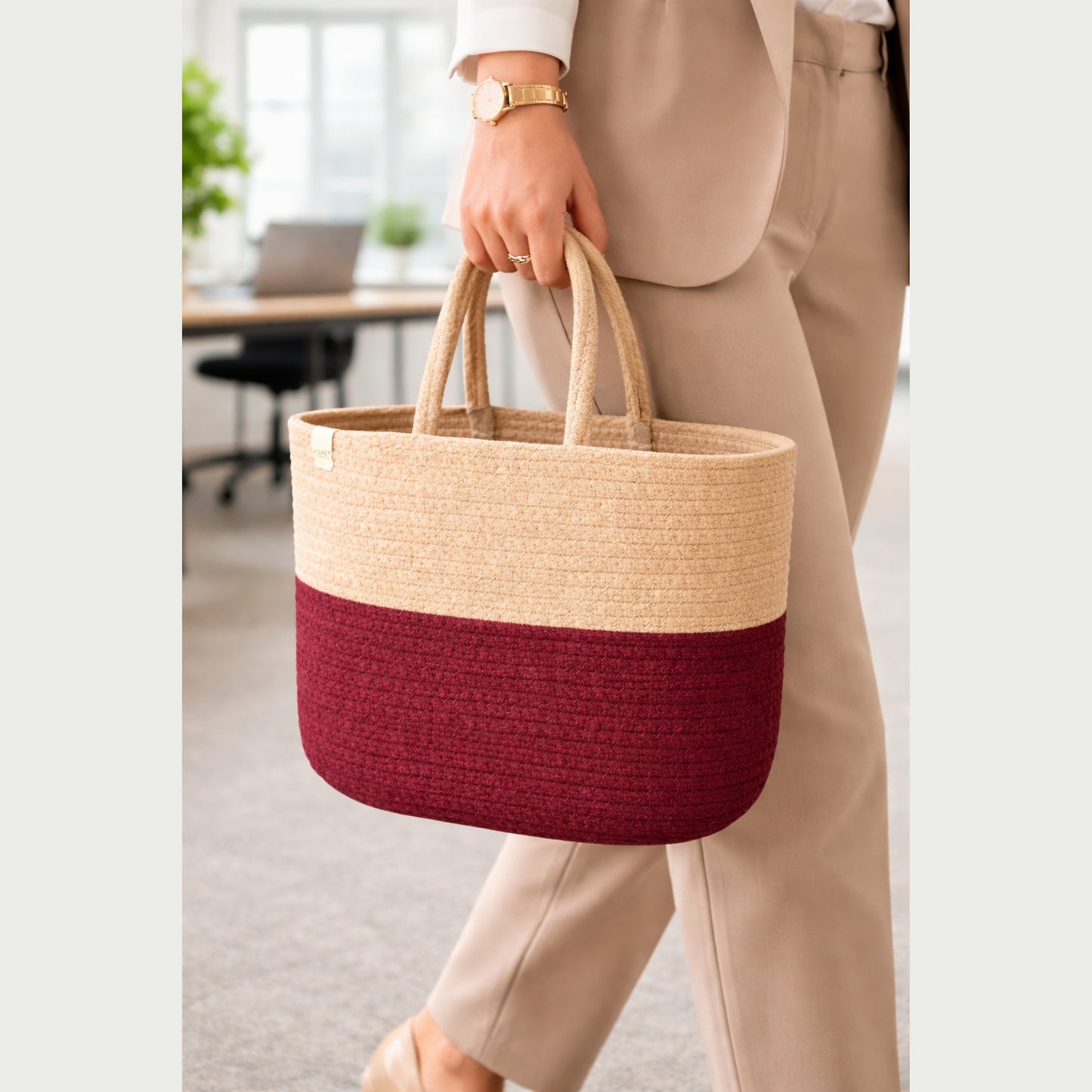 Cotton handwoven Lunch Bag | Handbag - Beige & I Maroon