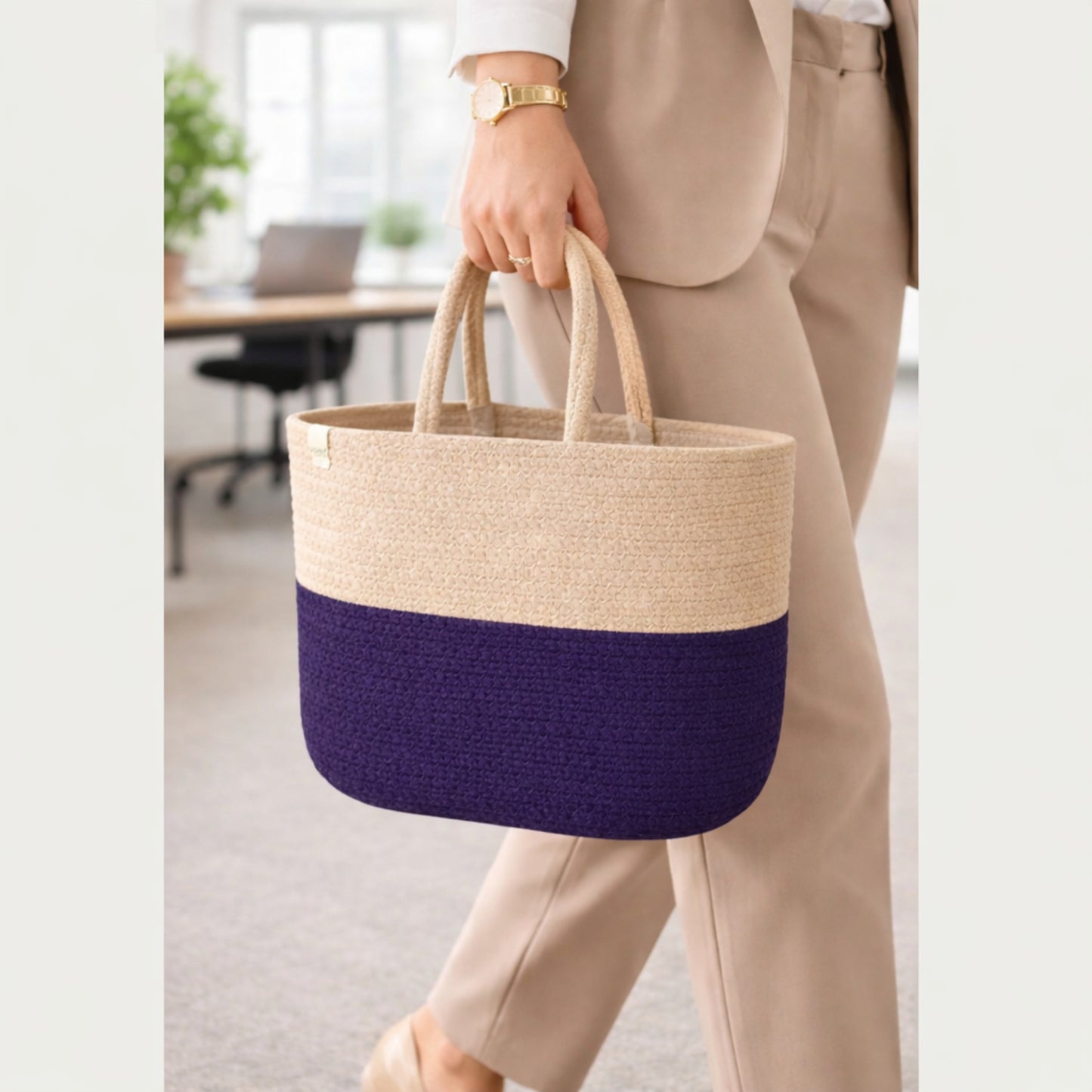 Cotton handwoven Lunch Bag | Handbag - Beige & Purple