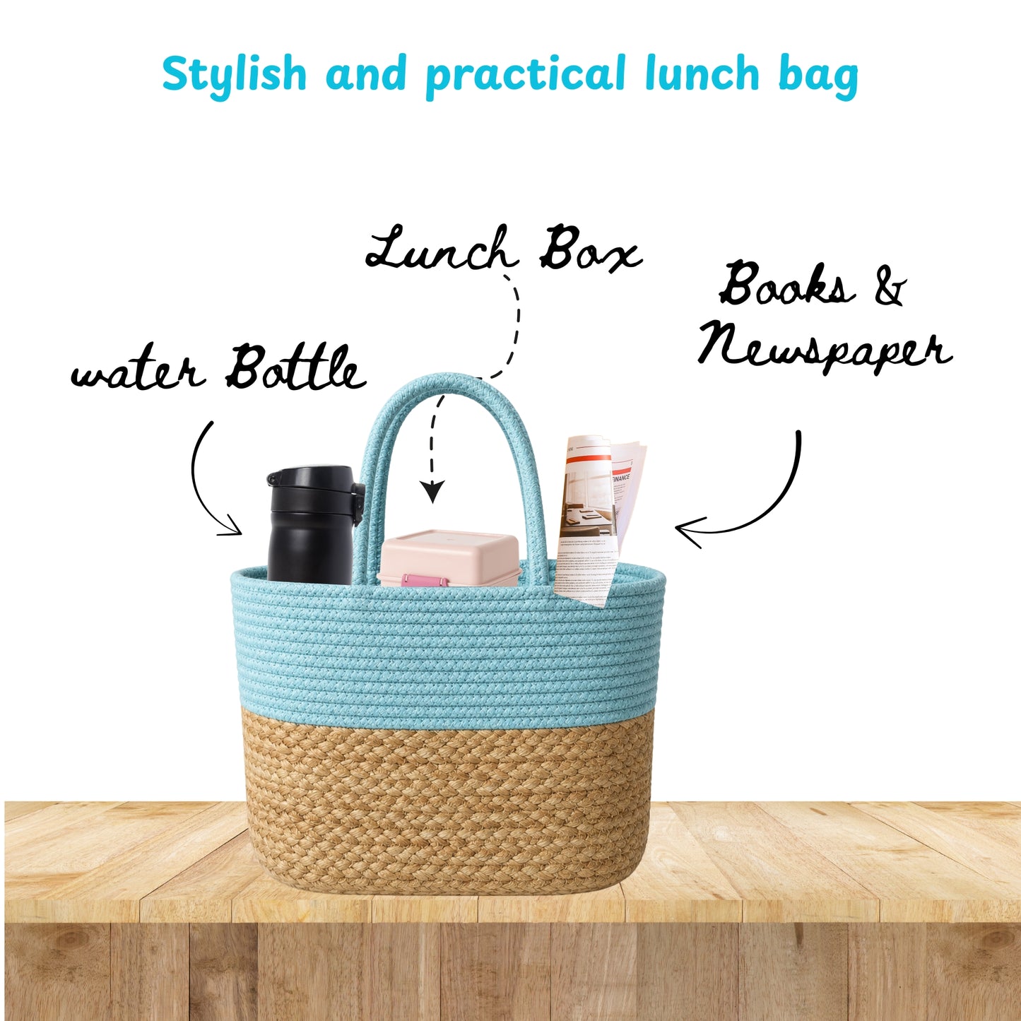 Ocean Breeze Cotton handwoven Lunch Bag | Handbag - Aqua & Beige