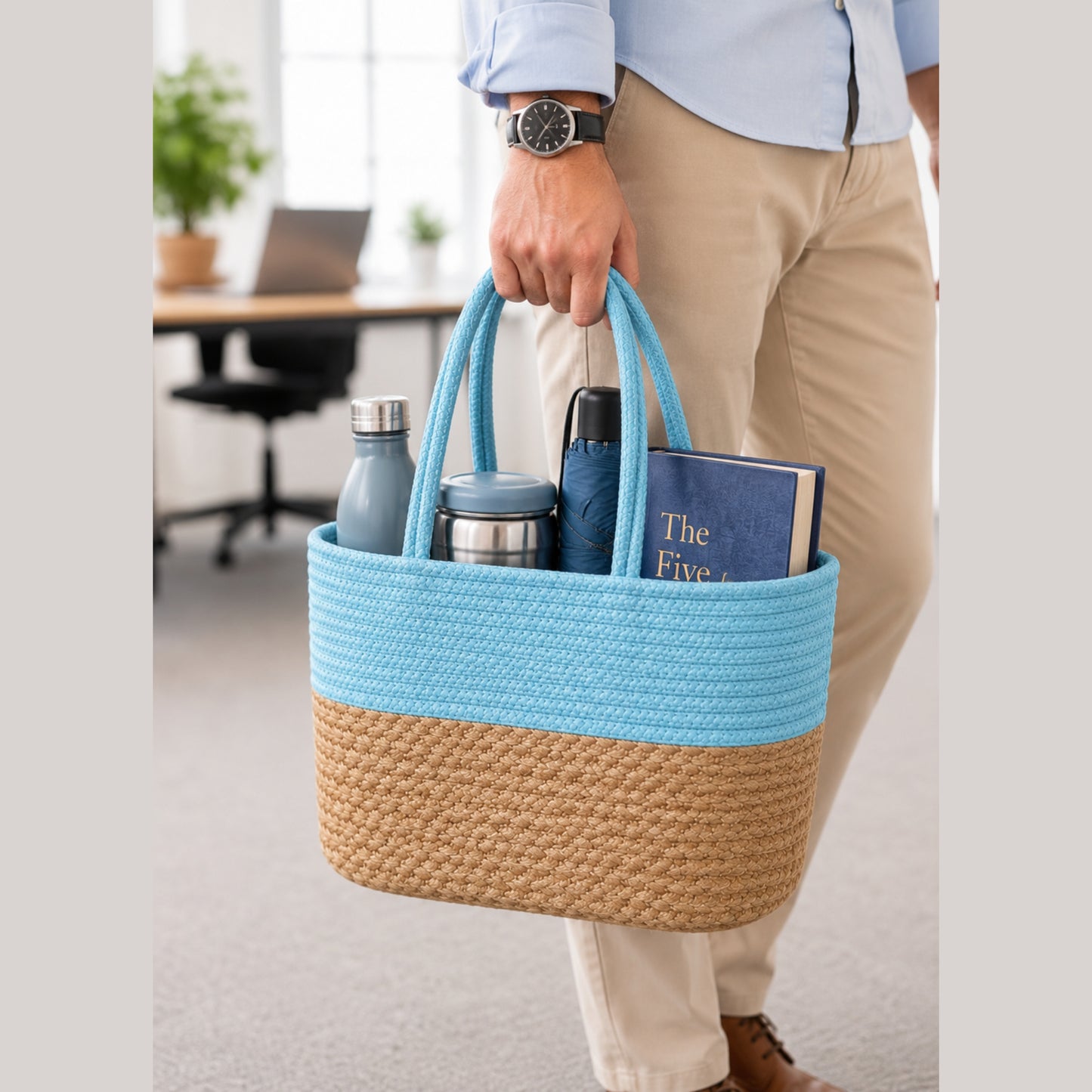 Ocean Breeze Cotton handwoven Lunch Bag | Handbag - Aqua & Beige