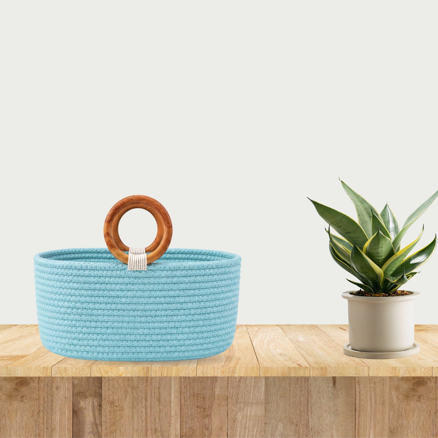 Luna Wooden Ring Rope Basket- Aqua