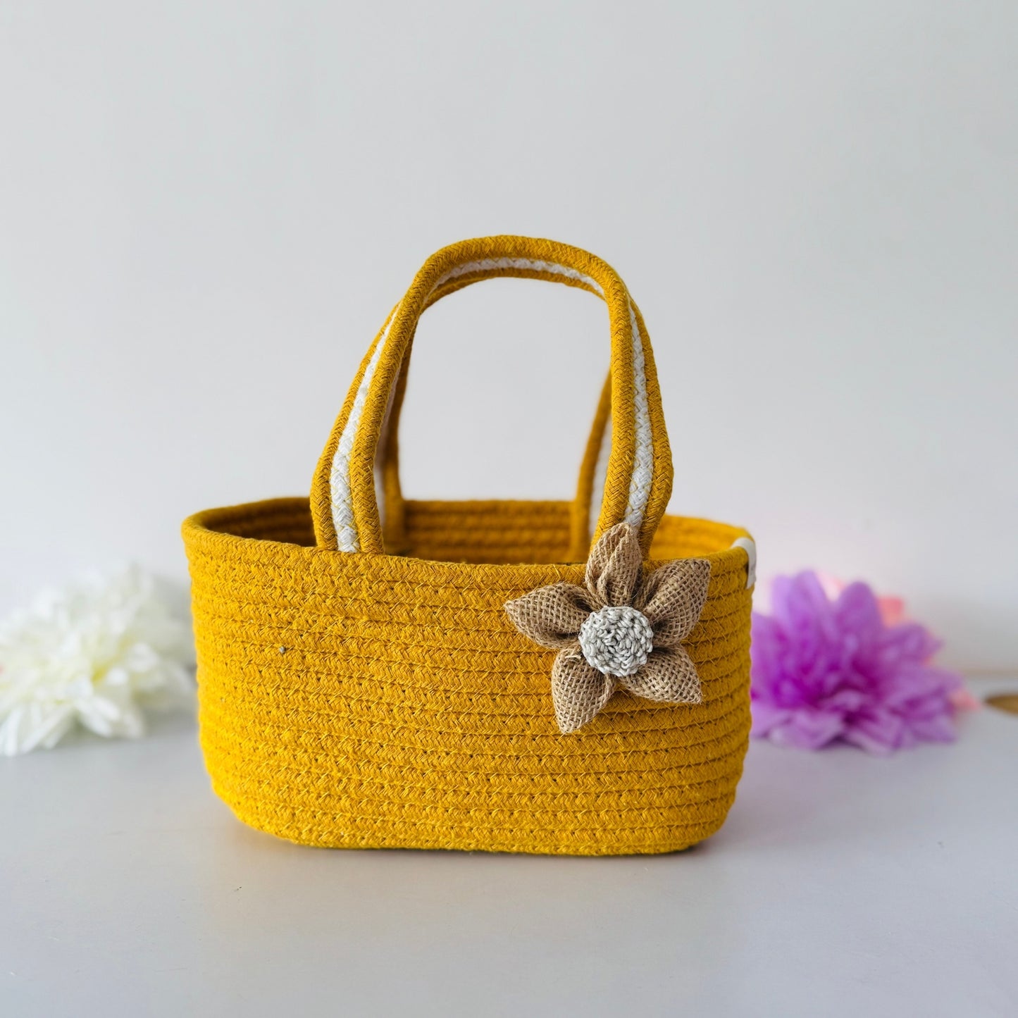 Yellow Room Hamper Basket for Gifting with Jute Bow | Haldi Ceremony Return Favor