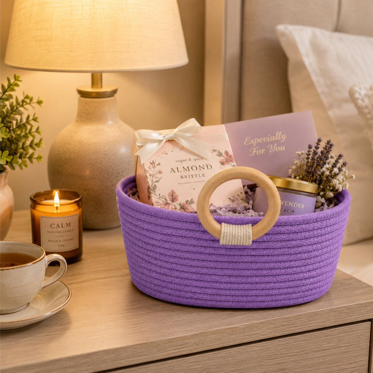 Lavender Bliss Basket Wooden Ring Rope Basket