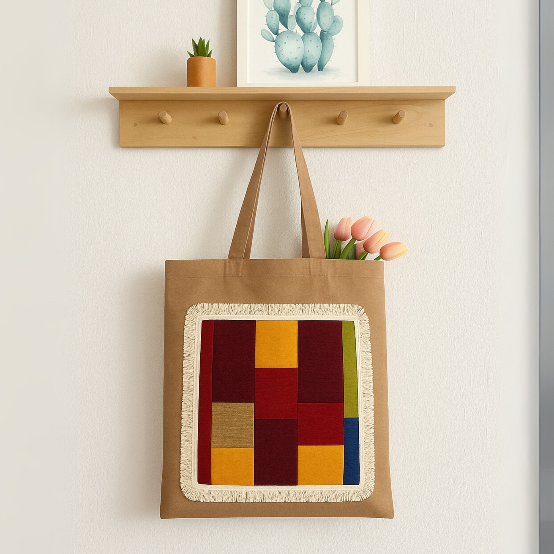 Boho Embroidered Natural Beige, Multi Colorblock Tote Bag – JASMEY