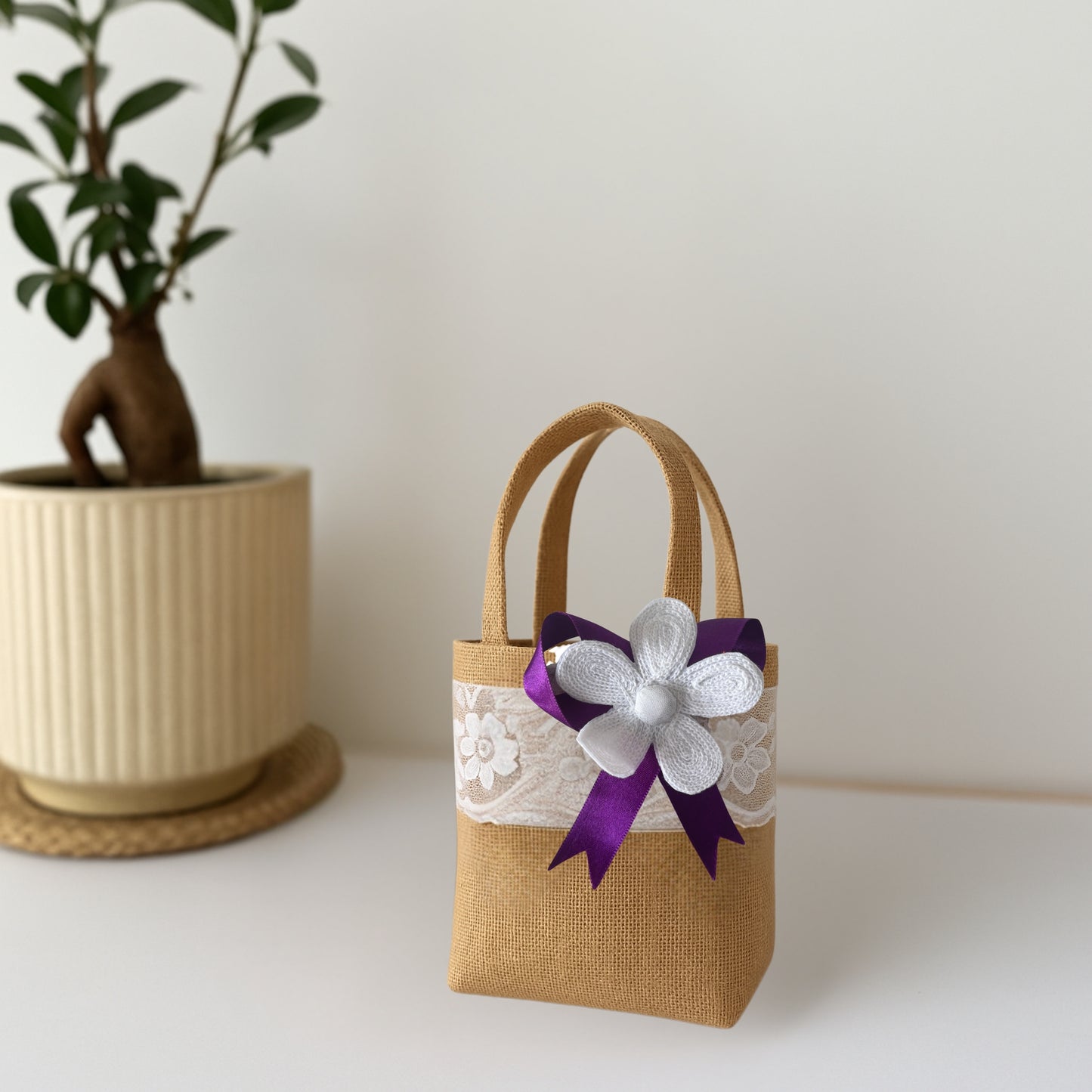 Set of 3  Burlap Flower Basket Wedding Candy Gift Basket for Wedding Ceremony Party Christmas, Diwali  Gifting - Purple