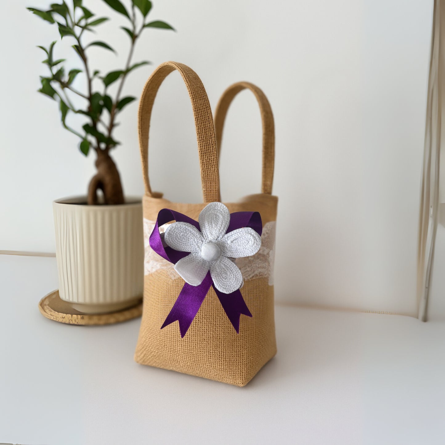 Set of 3  Burlap Flower Basket Wedding Candy Gift Basket for Wedding Ceremony Party Christmas, Diwali  Gifting - Purple