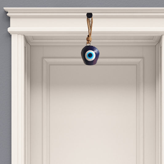 Evil Eye Cow Bell  Hand- Painted Iron Hanging Bell - Blue 3.5 Inches