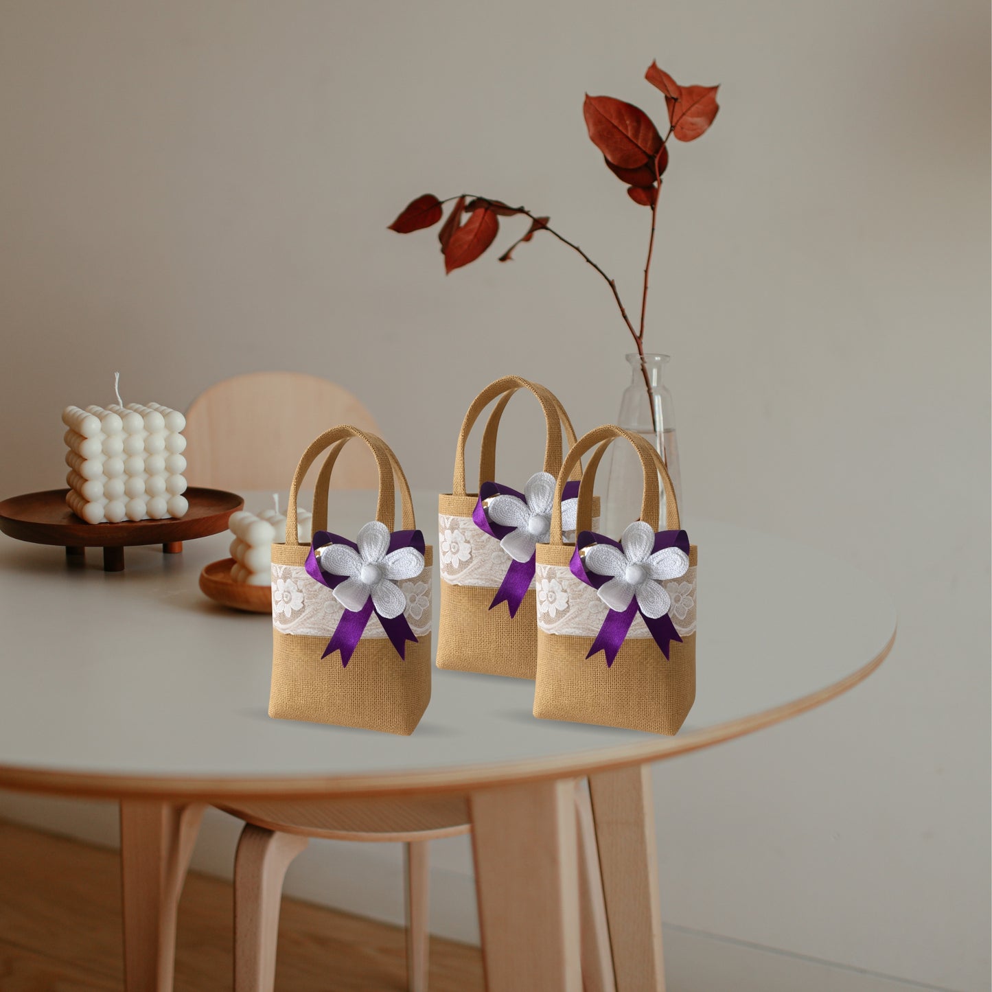Set of 3  Burlap Flower Basket Wedding Candy Gift Basket for Wedding Ceremony Party Christmas, Diwali  Gifting - Purple
