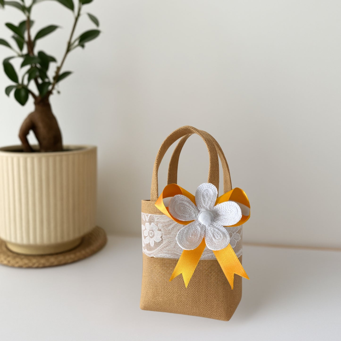 Set of 3  Burlap Flower Basket Wedding Candy Gift Basket for Wedding Ceremony Party Christmas, Diwali  Gifting - Yellow