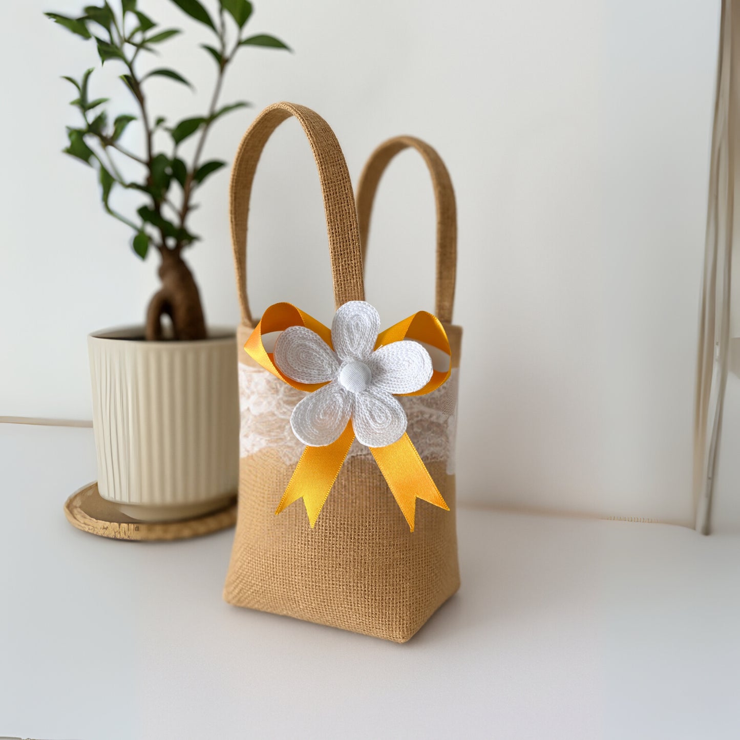 Set of 3  Burlap Flower Basket Wedding Candy Gift Basket for Wedding Ceremony Party Christmas, Diwali  Gifting - Yellow