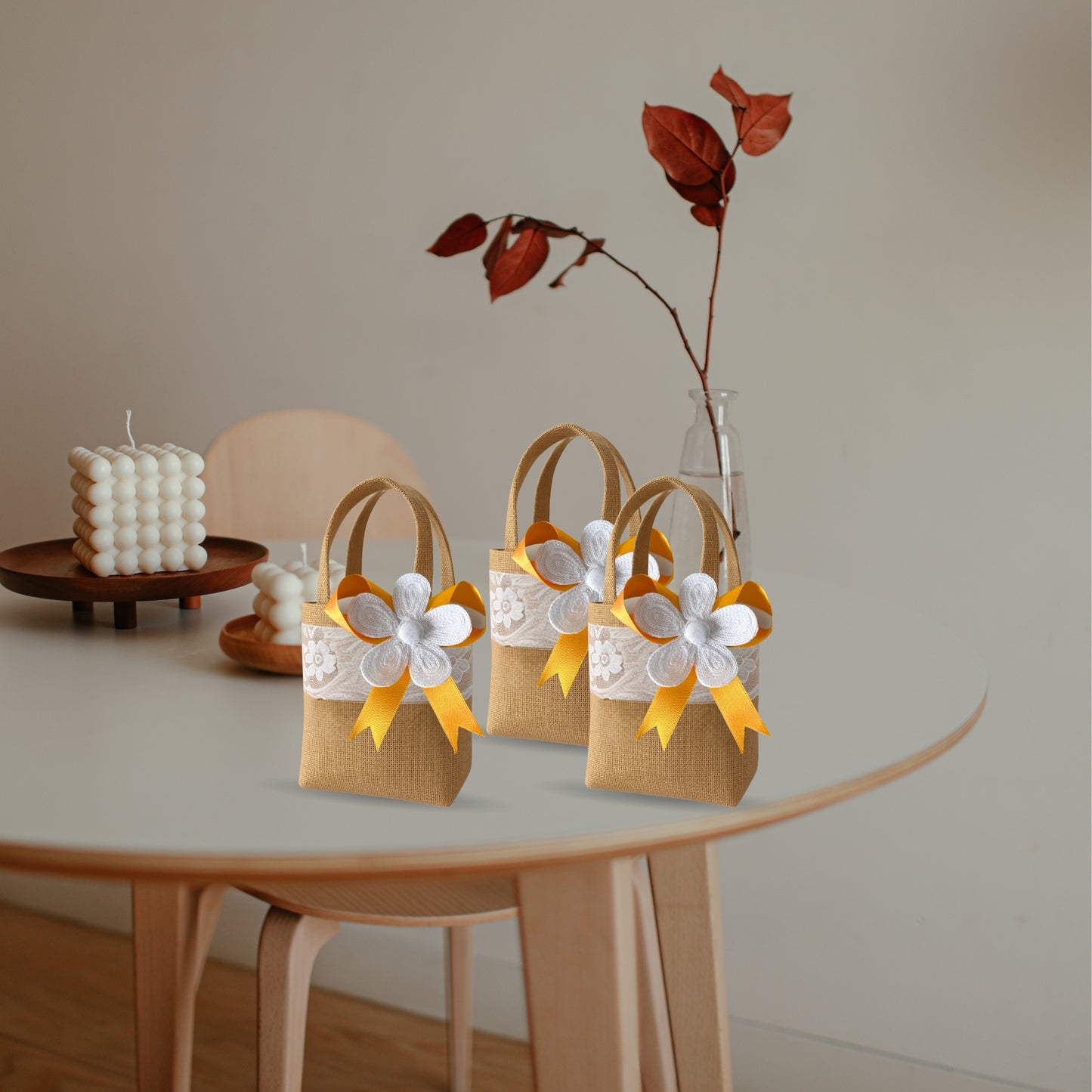 Set of 3  Burlap Flower Basket Wedding Candy Gift Basket for Wedding Ceremony Party Christmas, Diwali  Gifting - Yellow