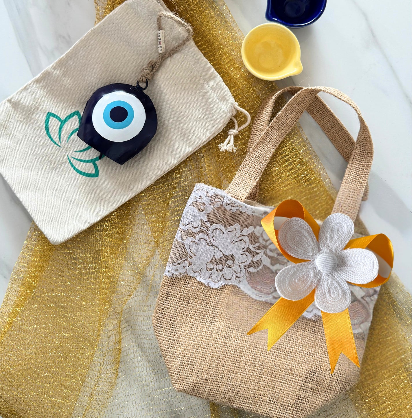 Set of 3  Burlap Flower Basket Wedding Candy Gift Basket for Wedding Ceremony Party Christmas, Diwali  Gifting - Yellow