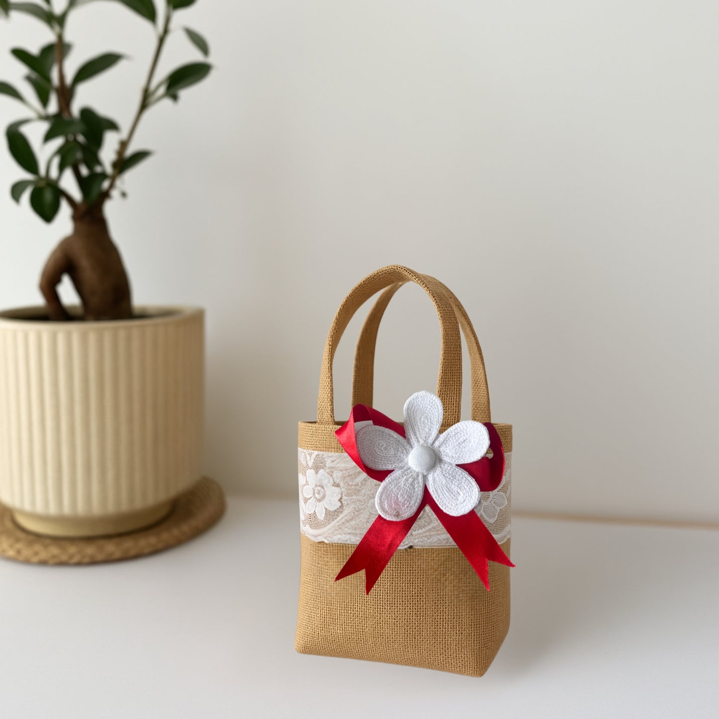 Set of 3  Burlap Flower Basket Wedding Candy Gift Basket for Wedding Ceremony Party Christmas, Diwali  Gifting - Red